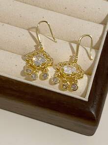 1 Pair Exquisite Rhinestone Peace Lock Earrings, Chinese Style Fashion Elegant Women's Dangle Earrings - Gold - View 5