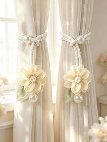 2pcs/Set French Style Fabric Floral Curtain Tieback Buckle Home Decor Pearl Embellished Curtain Buckle Suitable For Living Room Bedroom - Pearl Camellia Curtain Tie - View 15