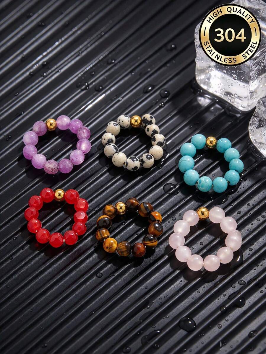 1 Pc Stainless Steel Natural Stone Beads With Elastic Spacer Beads, Bohemian Style, DIY Handmade Jewelry For Women's Everyday And Party Wear - Bead - View 1