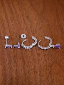 4PCS French Design Horse Eye Purple Zirconia Stud Earrings Set For Women Water Drop Dangle Earring Minimalism Jewelry Accessories - 4PCS - Silver - View 1