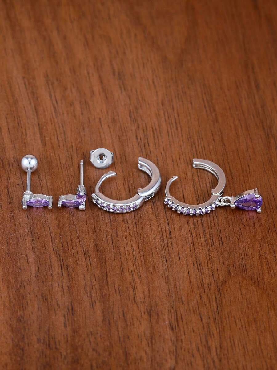 4PCS French Design Horse Eye Purple Zirconia Stud Earrings Set For Women Water Drop Dangle Earring Minimalism Jewelry Accessories - 4PCS - Silver - View 1