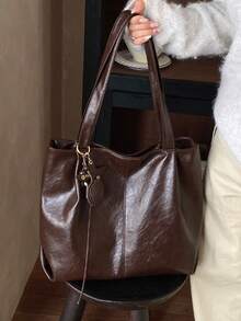 Tas jinjing wanita berbahan PU warna kopi terbaru untuk musim gugur dan musim dingin, simpel dan serbaguna, tas bahu/tas untuk bepergian dengan kapasitas penyimpanan besar. - Coffee Brown - View 3