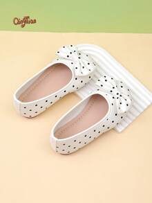 1 Pair Black Girls' Polka Dot Print Bow Decor PU Material Round Toe Slip-On Flat Sweet Princess Ballet Shoes Suitable For Daily Wear, Party, Performance, 2026 New Style - White - View 5