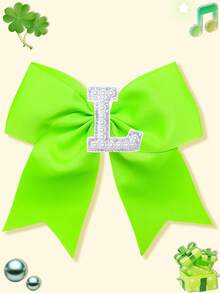 1pc Girls Bright Grosgrain Ribbon Bow Hair Clip, Pearl Rhinestone A-Z Alphabet Letter Decor Bow Hair Barrettes, Cute Girls Daily Hair Accessories - Lime Green - View 17