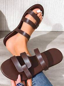 Sandal Datar Terbuka untuk Wanita, Sandal Minimalis dengan Tali Lebar, Cocok untuk Pakaian Luar Ruangan Musim Panas, Sandal Kasual Anti Selip - Coffee Brown - View 3
