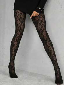 1 Pair Women's Black Vintage Floral Pattern Fishnet Tights, High Elasticity Hollow Out Artistic Style Party Wear Pantyhose - Black - View 2
