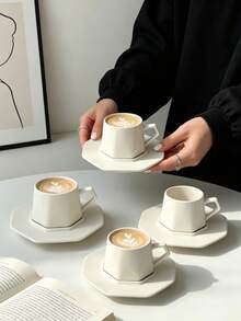6pcs/1pc 90ml Rhombus Ceramic Coffee Cup & Saucer Set, Microwave And Dishwasher , Espresso Cup & Arabic Coffee Cup, Suitable For Afternoon Tea, Cafe, Kitchen And Home Decor, Perfect Gift - Multicolor - View 1