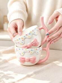 1pc Creative Embossed Bow Mug, Coffee Cup, Straw Handle Design, Ceramic Straw Cup, Cola Cup, Cold Drink Cup, Breakfast Soy Milk Cup, Hand Wash Only, Reusable, Ideal Gift - Multicolor - View 8
