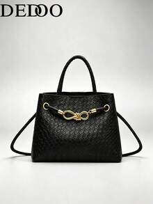 Dedoo 1pc Lightweight Square Woven PU Bag, Shoulder Crossbody, Buckle Vintage Metal Strap, College Students Office Workers, Work Business Commute Travel - Black - View 13