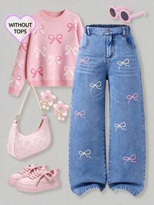 Girls' Denim Jeans With Bow Embroidery, Casual Fashion Versatile Blue Straight Leg Pants, Autumn/Winter Outfit - Medium Wash - View 2