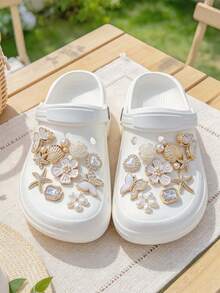 18pcs Luxury Gold Base Pearl Butterfly Shell Starfish Flower Heart Rhinestone Detachable DIY Shoe Buckle Accessories - White Gold - View 2