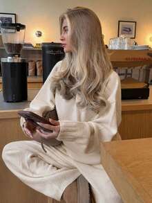Women's Solid Color Long Sleeve Top And Pants Knit Set - Apricot - View 6