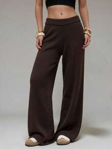 Women's Dark Brown Solid Knit Wide Leg Pants, Elastic High Waist Back Pockets Casual All-Match Daily Wear Long Trousers - Coffee Brown - View 5