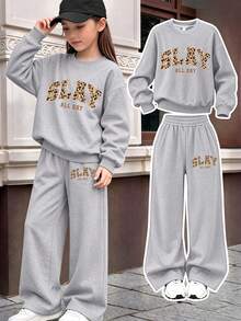 Fashionable Youth Girl Creative Print Sweatshirt, Casual Crew Neck Sweatshirt Paired With Versatile Loose Wide Leg Pants, 2-Piece Set For Autumn/Winter Daily Wear - Grey - View 1