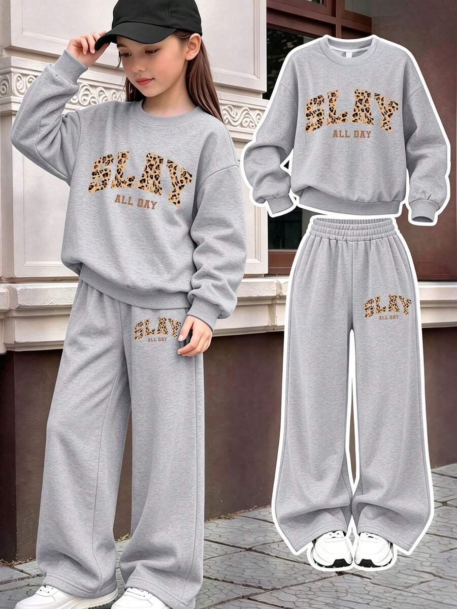 Fashionable Youth Girl Creative Print Sweatshirt, Casual Crew Neck Sweatshirt Paired With Versatile Loose Wide Leg Pants, 2-Piece Set For Autumn/Winter Daily Wear - Grey - View 1