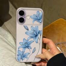 1件透明冰藍百合花紋全覆蓋鏡頭保護防摔防撞個性化手機殼，適用於 iPhone 16 Pro Max/18/17/16/15/14 Plus/13/12/11/Air - 彩色 - 查看 1