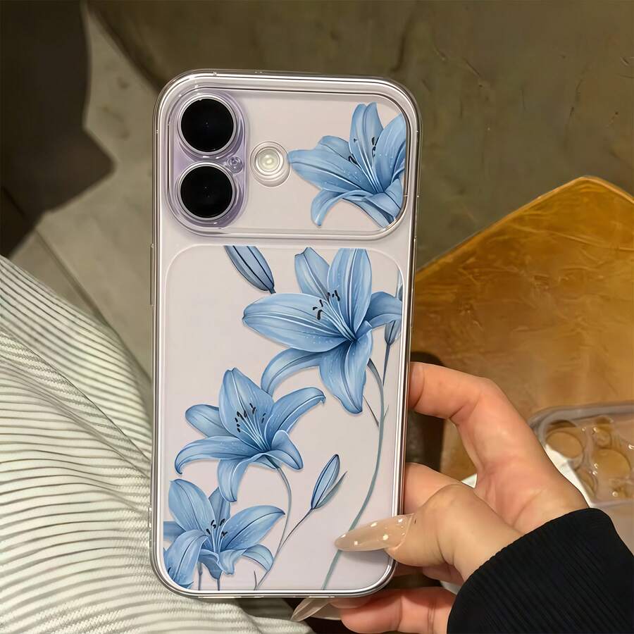 1件透明冰藍百合花紋全覆蓋鏡頭保護防摔防撞個性化手機殼,適用於 iPhone 16 Pro Max/18/17/16/15/14 Plus/13/12/11/Air - 彩色 - 查看 1