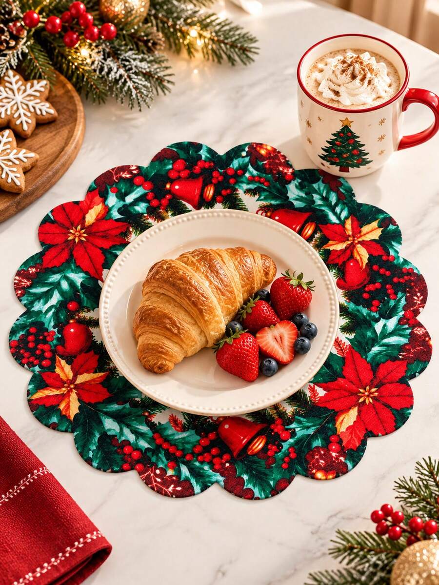 1-10pcs Christmas Linen Round Placemat & Trivet, Scalloped Edge Poinsettia Wreath Bell Holly Berry Printed Heat Insulation Table Mat, Festive Holiday Dining Kitchen Decor - Placemat - View 1