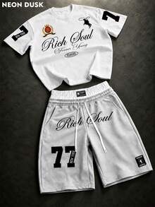 2pcs Men's College Style Printed T-Shirt & Double Waistband Shorts Set, Vintage Streetwear, Drawstring Shorts Design, Suitable For Summer, Daily, Travel And Hip-Hop Streetwear - Multicolor - View 1