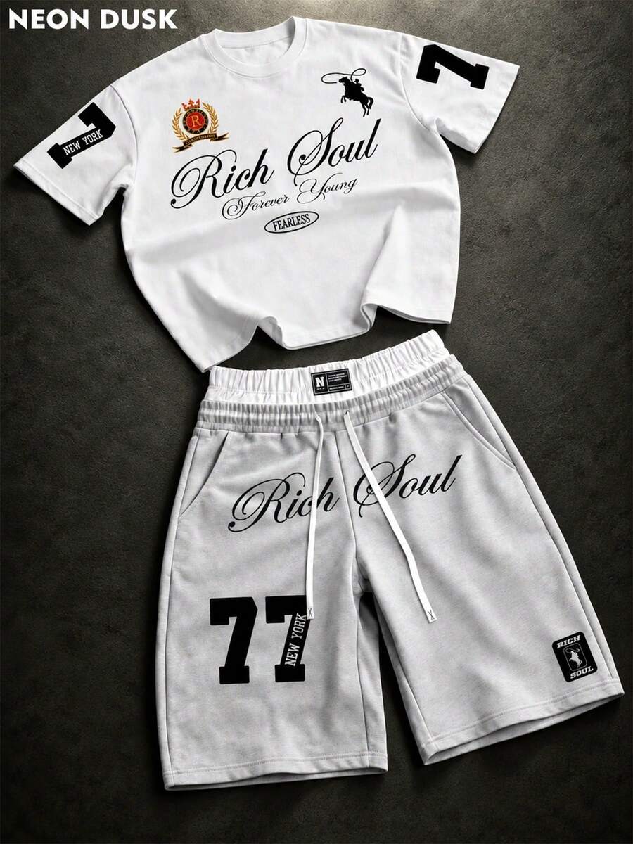2pcs Men's College Style Printed T-Shirt & Double Waistband Shorts Set, Vintage Streetwear, Drawstring Shorts Design, Suitable For Summer, Daily, Travel And Hip-Hop Streetwear - Multicolor - View 1