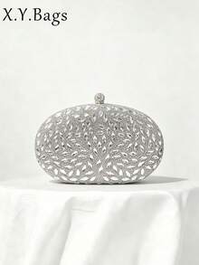 Women Oval Evening Clutch Leaf Rhinestone Pattern Ball Clasp Luxury Glamour Wedding Banquet Ball - Silver - View 1