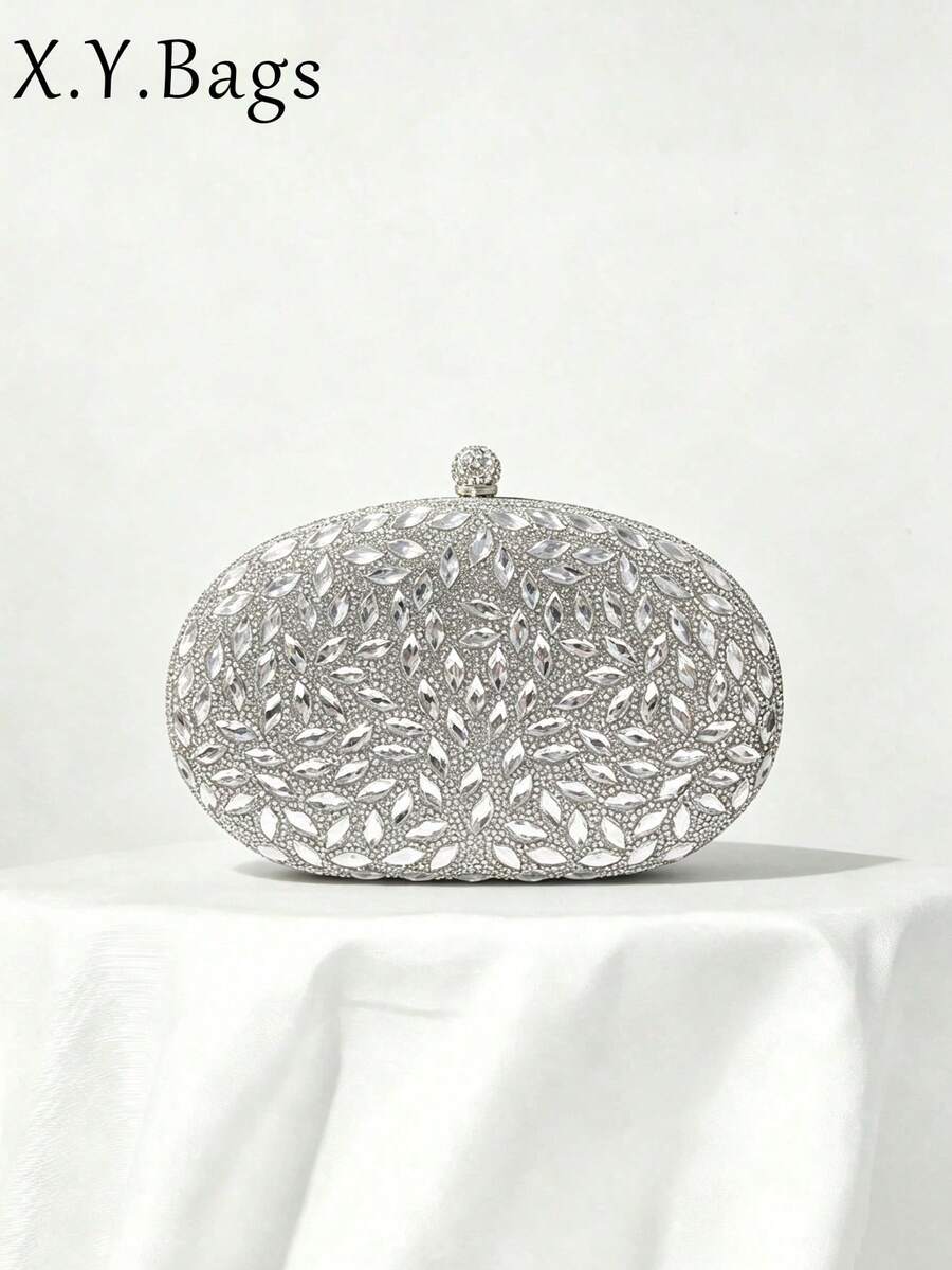Women Oval Evening Clutch Leaf Rhinestone Pattern Ball Clasp Luxury Glamour Wedding Banquet Ball - Silver - View 1