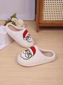 Kids Lovely Santa Embroidered Fuzzy Slippers, Round Closed Toe Thick Non-Slip Sole Warm Christmas Indoor House Footwear - White - View 2