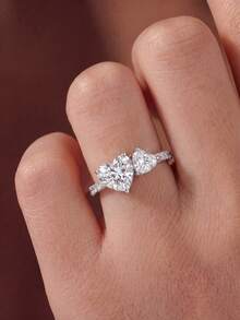 1pc Women's Heart-Shaped Diamond Ring, Suitable For Mother's Day, Valentine's Day, Birthday, Couples, Can Be Layered With Romantic Thin Rings, Exquisite Jewelry Gift - Diamond - View 3