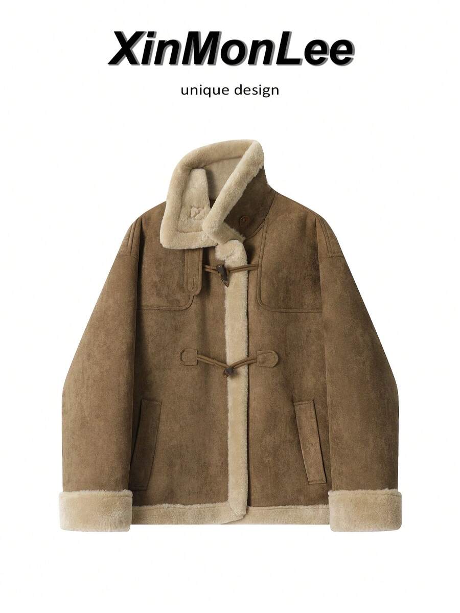 Designer Vintage Thick Lamb Fleece Short Jacket With Pockets, College Style, Casual Daily Travel, Autumn/Winter - Coffee Brown - View 1