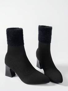 Women's Pointed Toe High Heel Elastic Ankle Boots, Knitted Patchwork Fur Design High Heel Mid-Calf Boots, Fashionable Minimalist Versatile Chunky Heel Slim Boots - Black - View 1