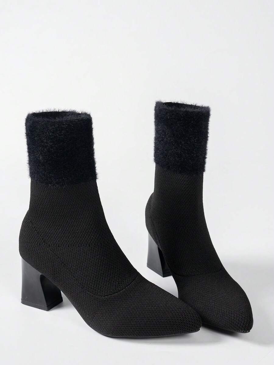 Women's Pointed Toe High Heel Elastic Ankle Boots, Knitted Patchwork Fur Design High Heel Mid-Calf Boots, Fashionable Minimalist Versatile Chunky Heel Slim Boots - Black - View 1