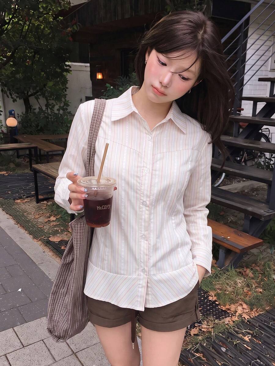 秋季新款韓式方肩長袖條紋單排扣襯衫,女款專業通勤穿搭 - 粉色 - 查看 1