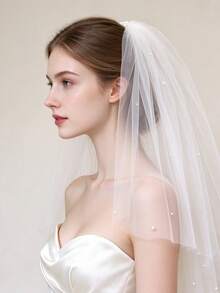 1pc Vintage Elegant Pearl Bridal Veil With Hair Comb, Single Layer White Mesh Wedding Accessory - White - View 4