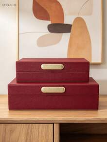 2pcs Set S & L Size Cream Litchi Texture PU Leather Jewelry Box With Lid, Gold Zinc Alloy Bar Handle, Velvet Lining Rectangular Jewelry Organizer, Modern Luxury Vanity Bedroom Decor Holiday Gift - Burgundy - View 12