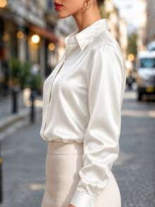 Fashionable Women's Satin Button-Up Shirt, New Arrival, Casual, All Season White Spring - White - View 4