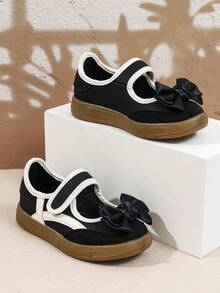 Girls' Hook-And-Loop Mary Jane Shoes With Large Bow Decor, Soft Sole Vintage Versatile Casual Kids' Shoes - Black - View 6
