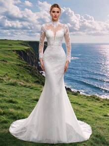 White Applique Mesh Patchwork Zipper Fitted Elegant Long Sleeve Wedding Dress - White - View 2