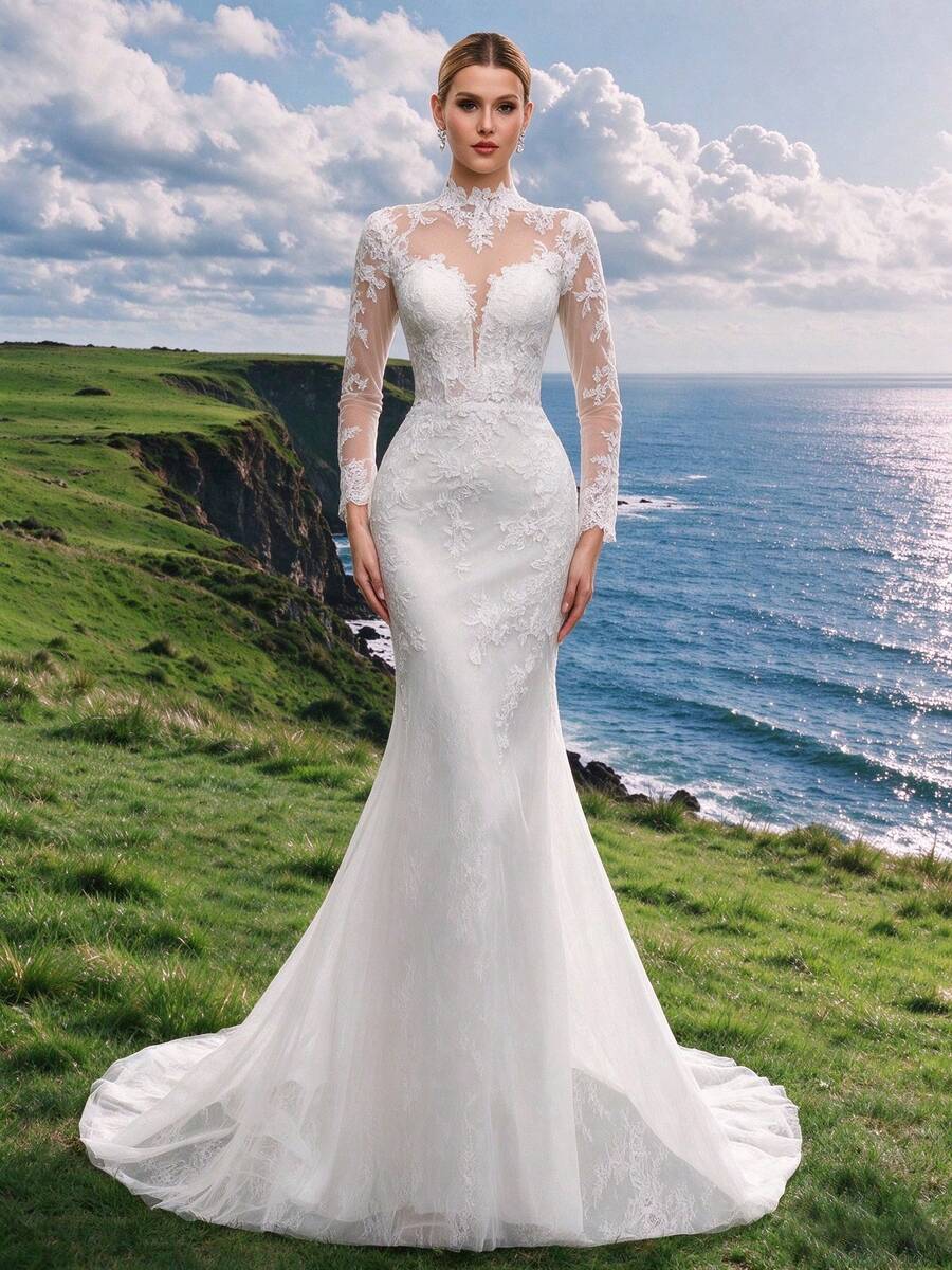 White Applique Mesh Patchwork Zipper Fitted Elegant Long Sleeve Wedding Dress
