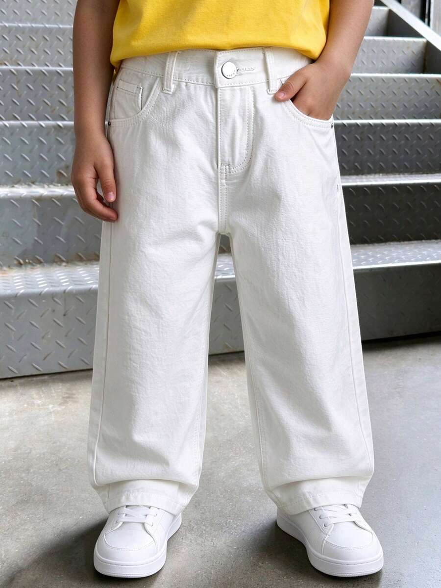 Young Boy Street Style Medium Wash Adjustable Waist Distressed Denim Jeans