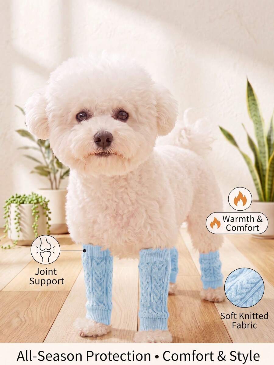 DomKim 4pcs/Set Knitted Dog Leg Sleeves, High Elastic Anti-Slip Pet Knee Pads, Ribbed Cuff, Joint Support Leg Fixation Socks, Winter Warm Paw And Leg Protectors, Prevent Injury, Suitable For Small, Medium And Senior Dogs Outdoor Walking In Cold Weather