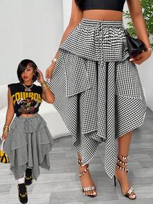 Aliling Women's Autumn Black And White Plaid Asymmetric Layered Mid-Length Skirt, Elastic Drawstring Waist, Asymmetrical Hem, Flowy Casual Style, Suitable For Daily Wear, Vacation, Street Style, Halloween, Music Festival, Party - Black and White - View 2