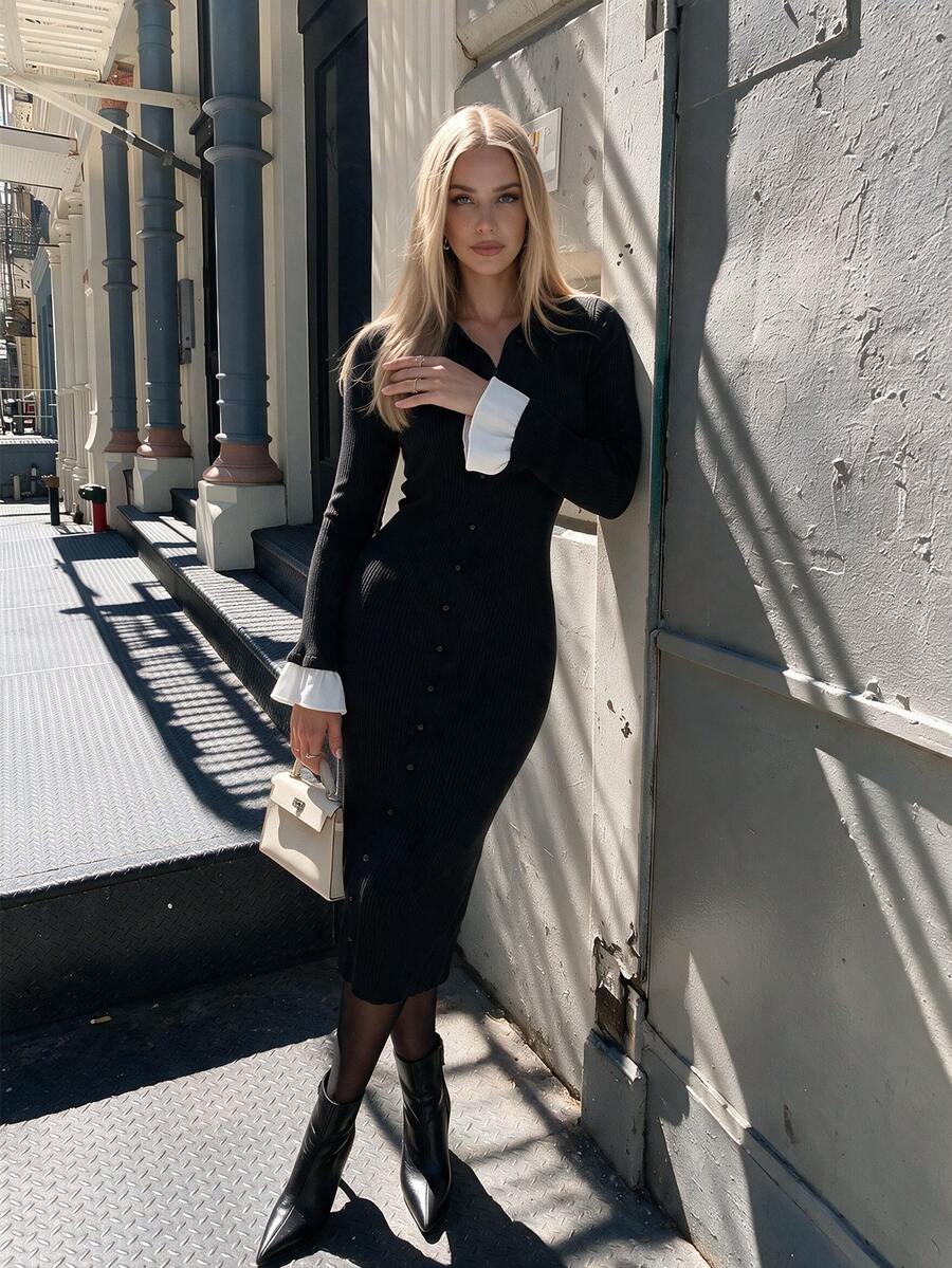NOVELLE Women's Vintage Button Front Knit Sweater Dress, Autumn Winter Contrast Cuffs Bodycon Long Sleeve Midi, For Dating, Gatherings And Commute - Black - View 1