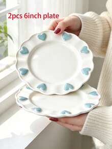 4pcs/2pcs/1pc Cute Embossed Blue Heart Ceramic Plate Set, Wavy Edge White Porcelain Dinnerware, Ins Style Dessert Salad Snack Plate, Afternoon Tea Home Table Decor, Holiday Gift - Multicolor - View 15