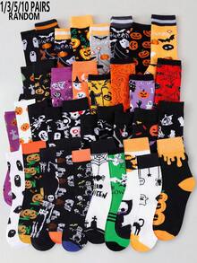 1/3/5/10 Pairs Random Halloween Party Theme Skeleton & Pumpkin Pattern Mid-Calf Socks, Unisex For Party And Holiday Use - Multicolor - View 11