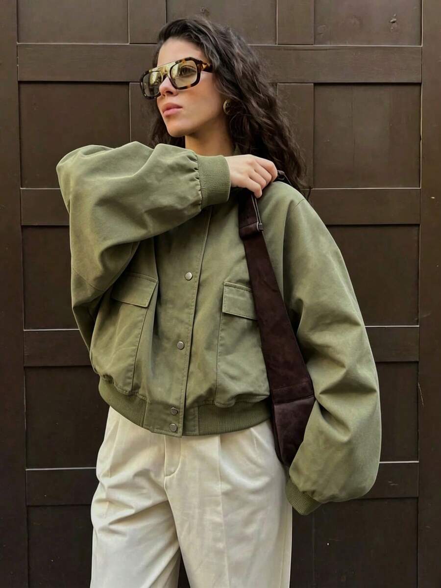 Casual Baseball Pocket Women's Jacket Loose Short Outerwear - Army Green - View 1