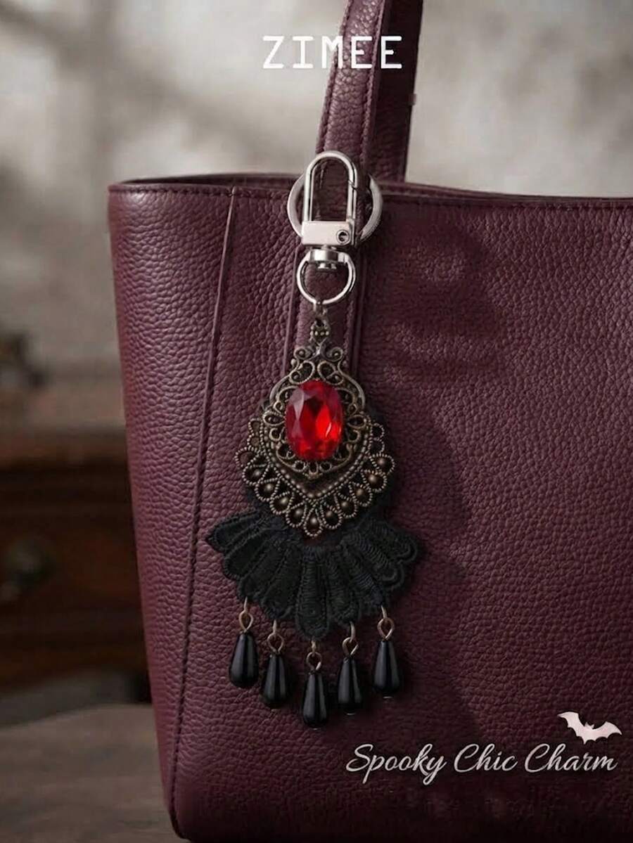 Gothic Red Gemstone Black Lace Tassel Bag Charm - Vintage Retro Handbag Pendant & Spooky Chic Accessory - Multicolor - View 1