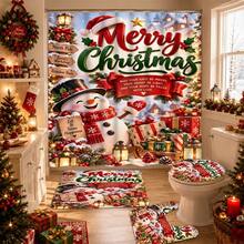 1/4pcs Christmas Theme Shower Curtain Set With Cute Snowman, Christmas Tree And Gift Box Pattern, 12 Hooks, Waterproof Polyester, Bathroom Curtain, Privacy, Thickened, Durable Quick Dry, 180*180cm Size, Christmas Bathroom Decor - A - View 5