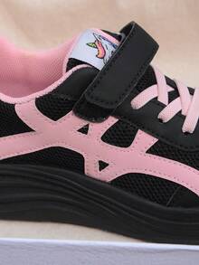 Girls' Mesh Sports Shoes Black & Pink Colorblock, Hook & Loop Lightweight Soft Sole, Breathable Non-Slip Children's Running Shoes - Pink - View 3