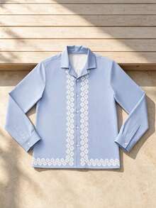 Men's Floral Trim Cuban Collar Long Sleeve Shirt, Light Blue Casual Button-Up Top - Multicolor - View 4