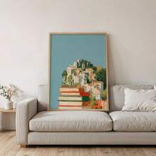 1pc Framed/Unframed Whimsical Village On Book Stack Canvas Poster Blue Abstract Bookish Book Club Wall Art Print Reading Nook Library Decor Scroll Painting For Book Lover,Office,Classroom,Dorm,Modern Home Decoration - A - View 6